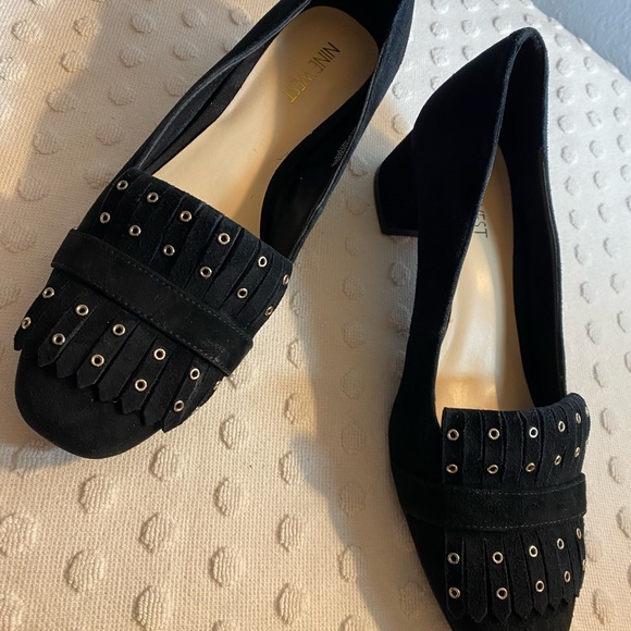 NINE WEST Black Suede Kiltie with Studs Block Mid Heel Slip-On Loafer - Picture 7 of 15